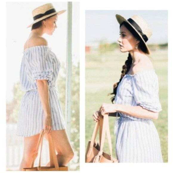 FAITHFULL THE BRAND Alacati Blue and White Striped Boho Peasant Mini Dress - Picture 5 of 6